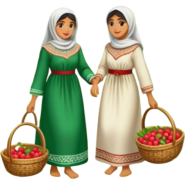 Palestinian women dressed in traditional embroidered thobes harvesting fruit in an orchard. Their vibrant and intricately designed dresses reflect deep heritage, while their coordinated efforts collecting fruit in a woven basket emoji