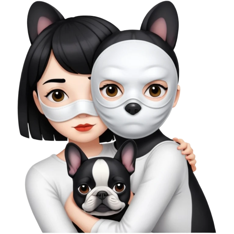 girl with short black straight bangs hair wearing a white mask and hugging a black French bulldog emoji