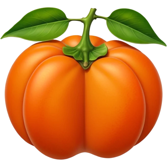 whole persimmon fruit with smooth glossy orange skin, flattened round shape, green leafy calyx on top with soft folds and natural texture, slightly dimpled surface suggesting ripeness and firmness, no leaf cut or extras, soft lighting, subtle shadows, emoji scale emoji