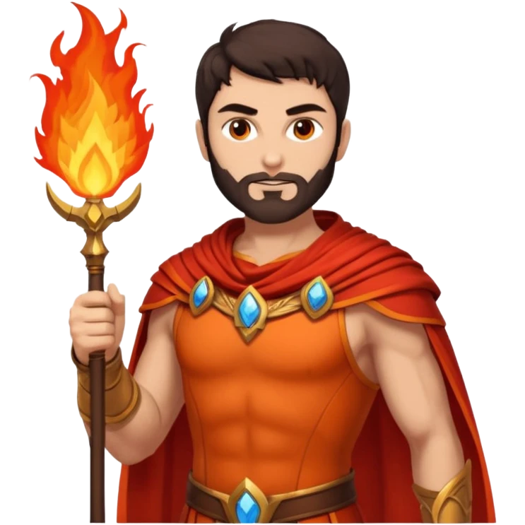 Vulcan, Fire God from Rome Mythology with dark brown hair, orange and red outfit, light tan skin emoji