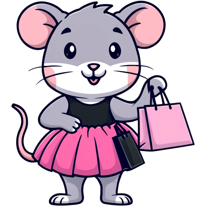 rat with a pink dress and tutu holding a black and white striped shopping bag emoji