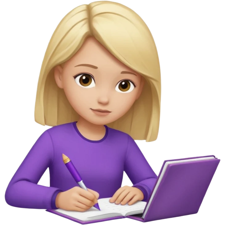 girl sitting, writing in a notebook, blond hair, dressed in purple clothes emoji