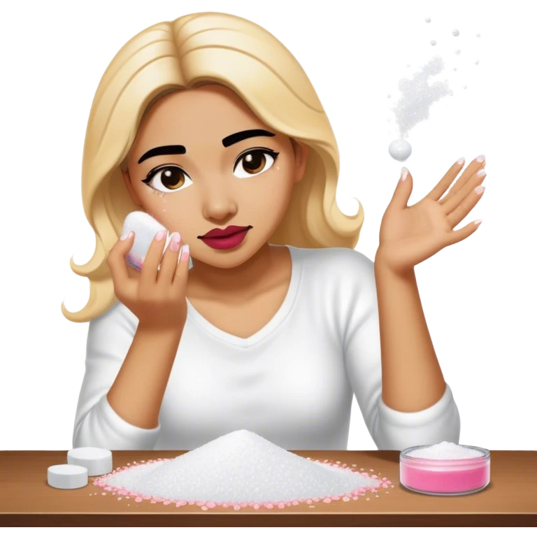 female salt bae sprinkling salt that is falling from her hand onto some makeup that is on a table emoji