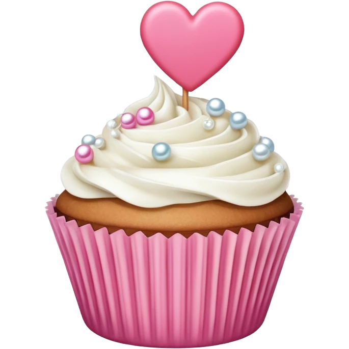cupcake with a heart and pearl decorations emoji