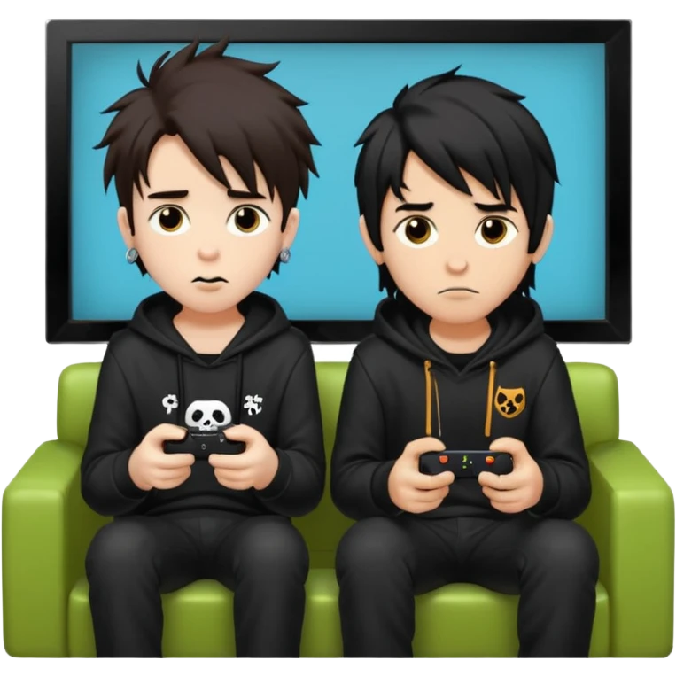 pale Goth boy with a bunch of face piercings, with shaggy dark brown hair, next to a Carmel  skin gamer boy with long black hair , they are watching tv together  emoji