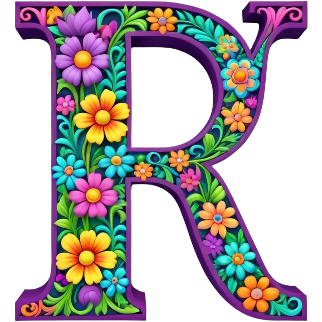 3D, gothic style psychedelic colored capital Letter P with hippie style flower border emoji