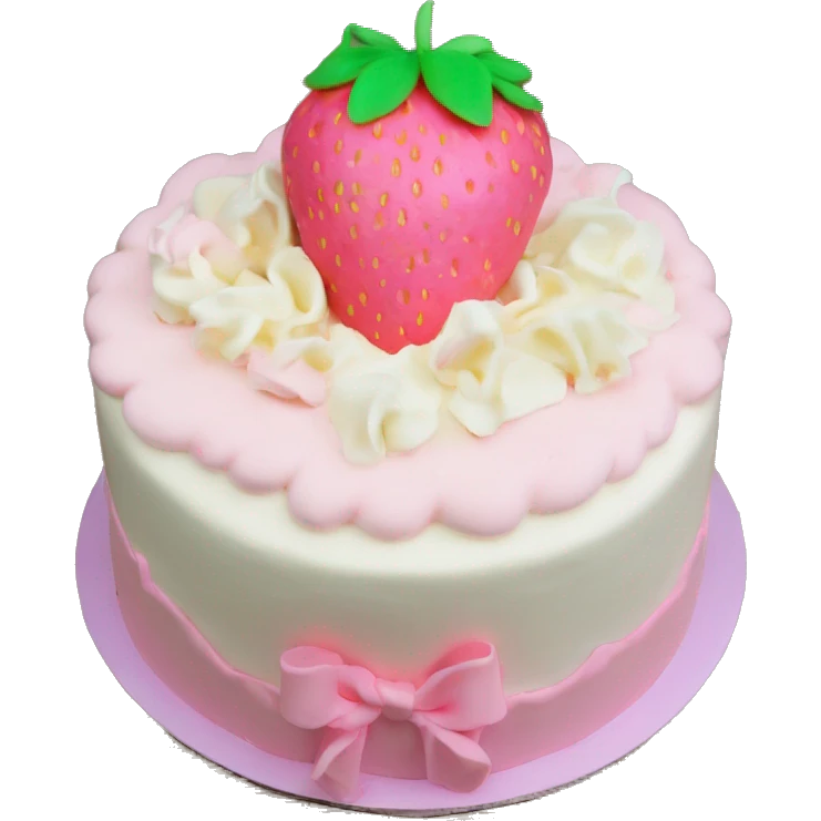 Light Pink strawberries and cream birthday cake with in bow emoji