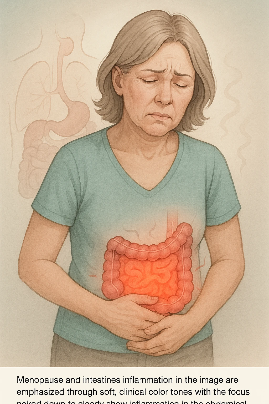 Donna in menopausa con intestino infiammato evidente emoji
