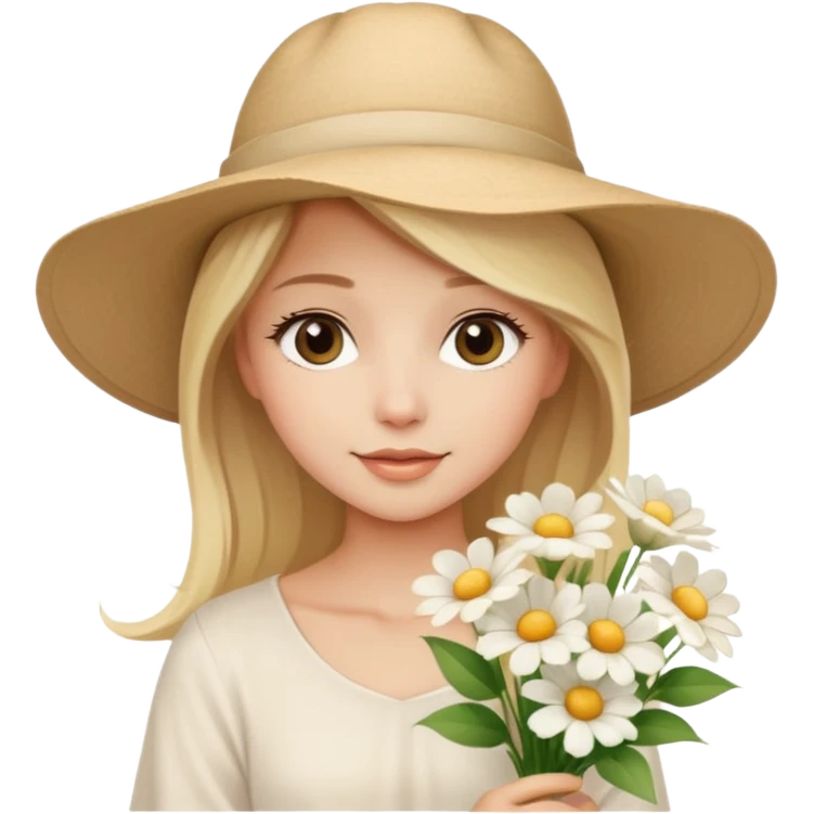 beautiful model blonde girl in a summer beige hat in a beautiful white top with a bouquet of white flowers emoji