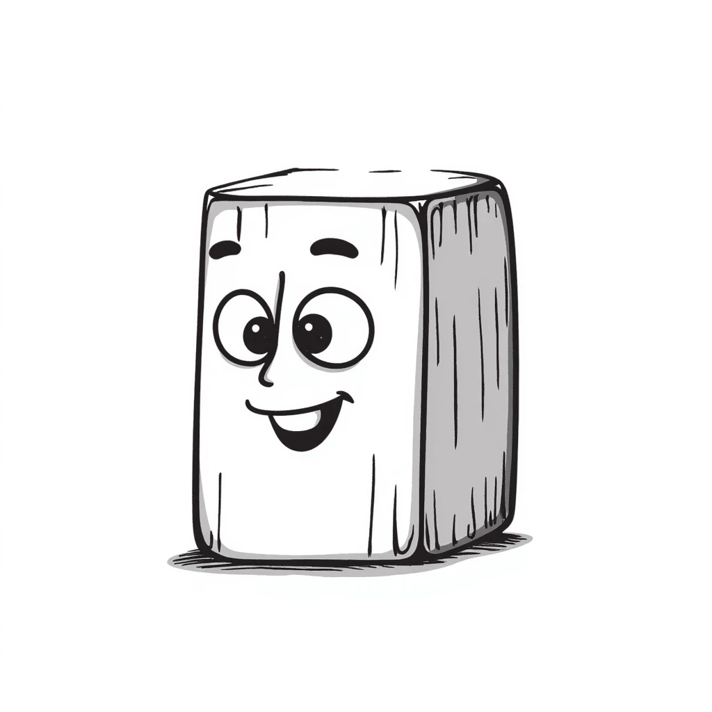 A hand-drawn wooden letter D block with a silly cute expression emoji