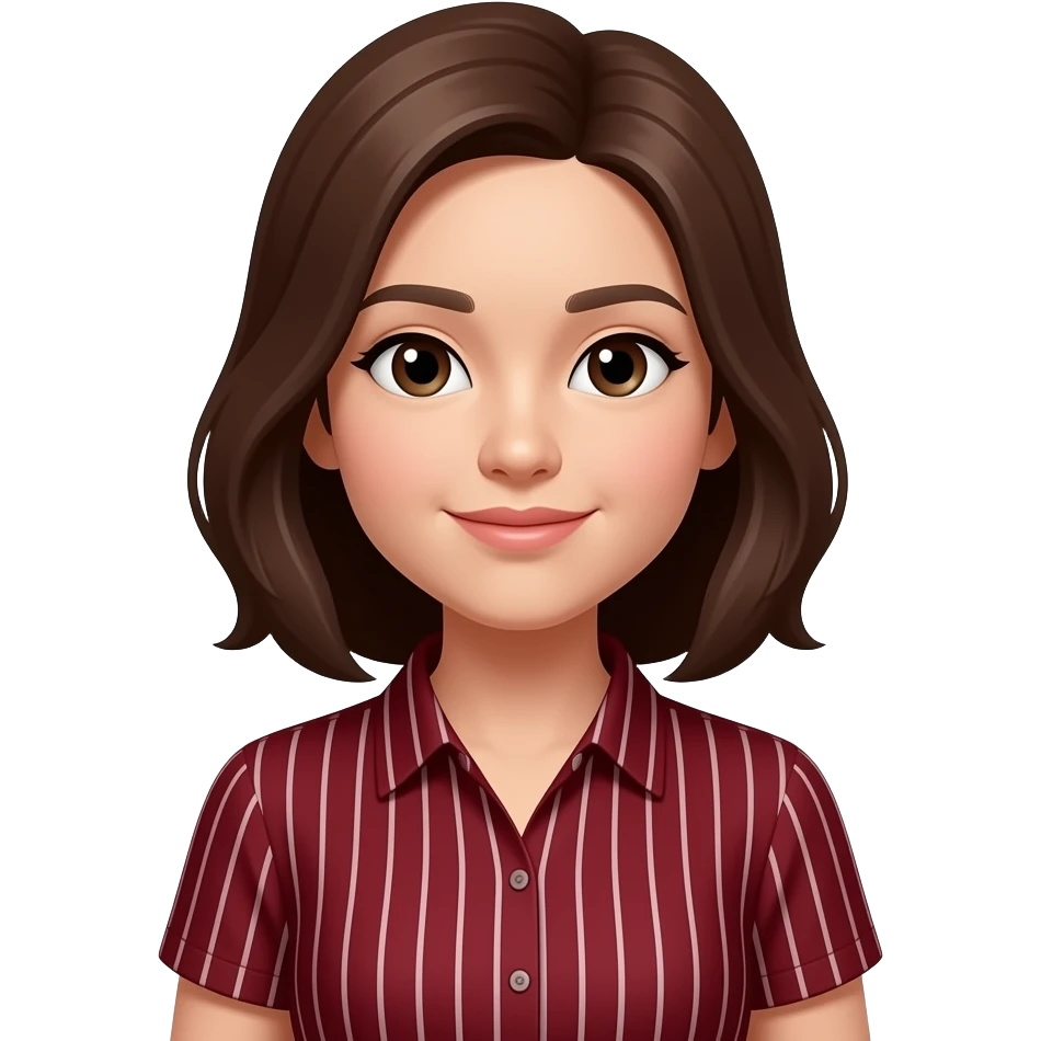 asian young woman with brown hair in dark red shirt with little white vertical lines emoji