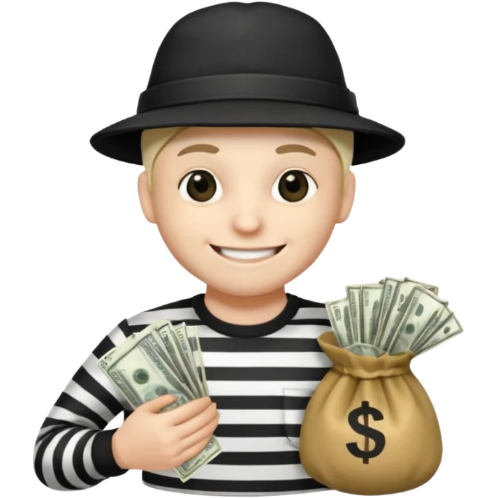 robber with 4 lines of black and white striped shirt and he has a money bag in his hand and a robber hat and he is smiling and he is whiteno money in his hand no money out of bag the bag is to the left  emoji