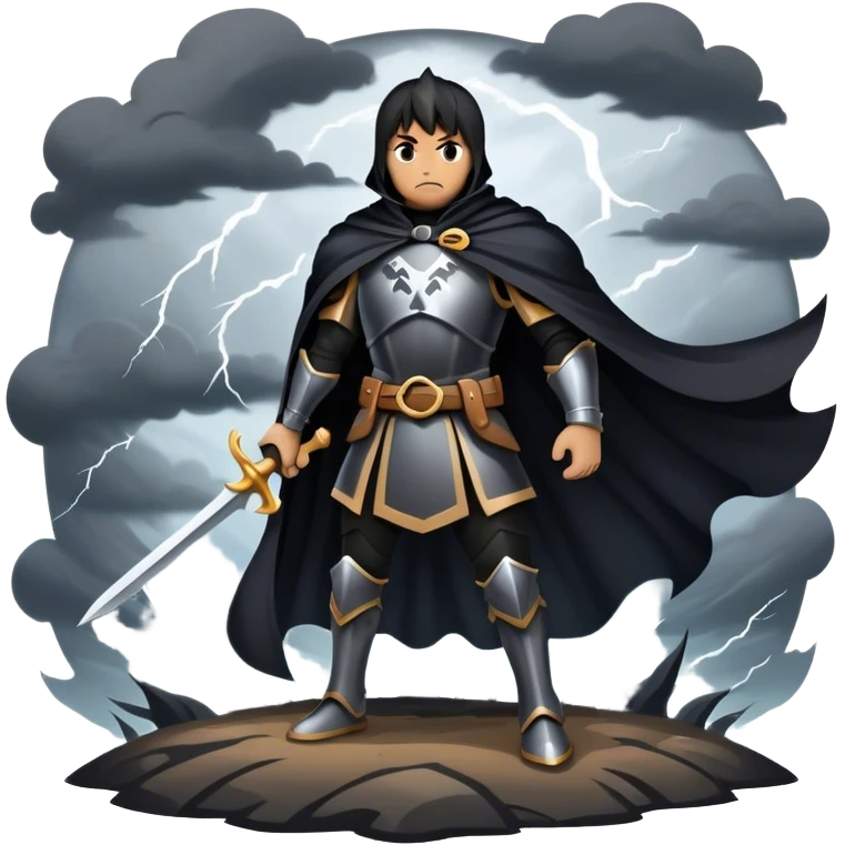 A shadowy knight with a black cape, standing in a stormy battlefield emoji