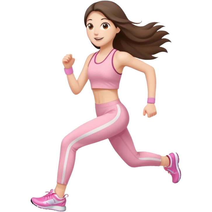 white happy brunette teen long hair with hazel eyes in light pink workout clothes jogging through fiish line emoji
