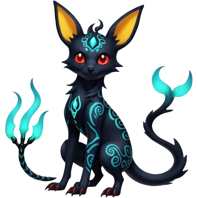 Shiny Fiery Dark Glowing Eldritch Horror Cool Edgy Badass Emo Glorious Demonic Batty Punky Aural Iridescent Fluorescent Bioluminescent Umbreon-Amaura-Salandit-Litten-Flareon-Fakémon-fusion (full body) with intricate pattern markings emoji