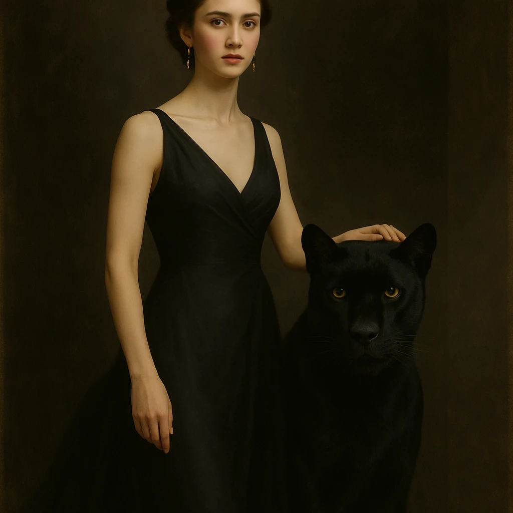 Make the panther black while keeping the woman and background unchanged. Artistic and detailed style. emoji