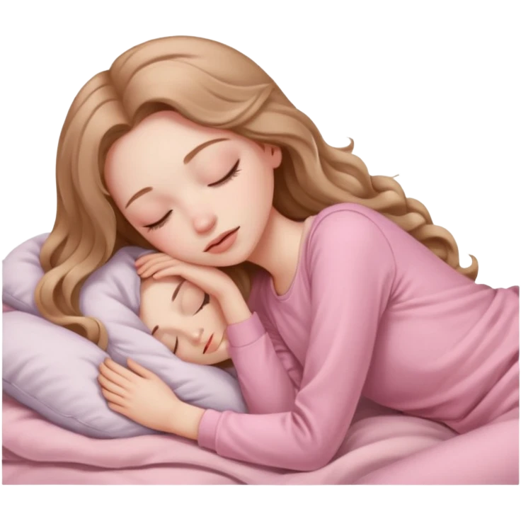 one girl with pale skin and long wavy light brown hair in light pink clothes sleeping alone emoji