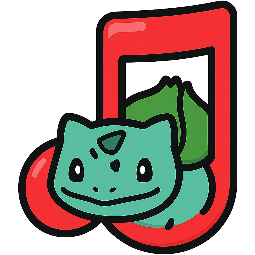 Bulbasaur as a Rednote app emoji, glossy red, Bulbasaur's face and bulb, subtle shadow, app icon style, no music note emoji
