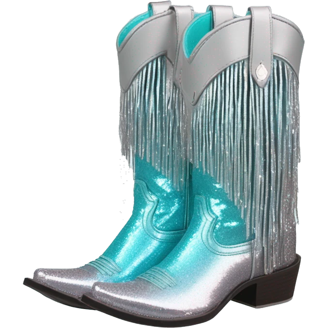Realistic silver and robins egg blue ombre pair of fashion cowgirl boots with sparkly shiny glitter fringe on them. emoji
