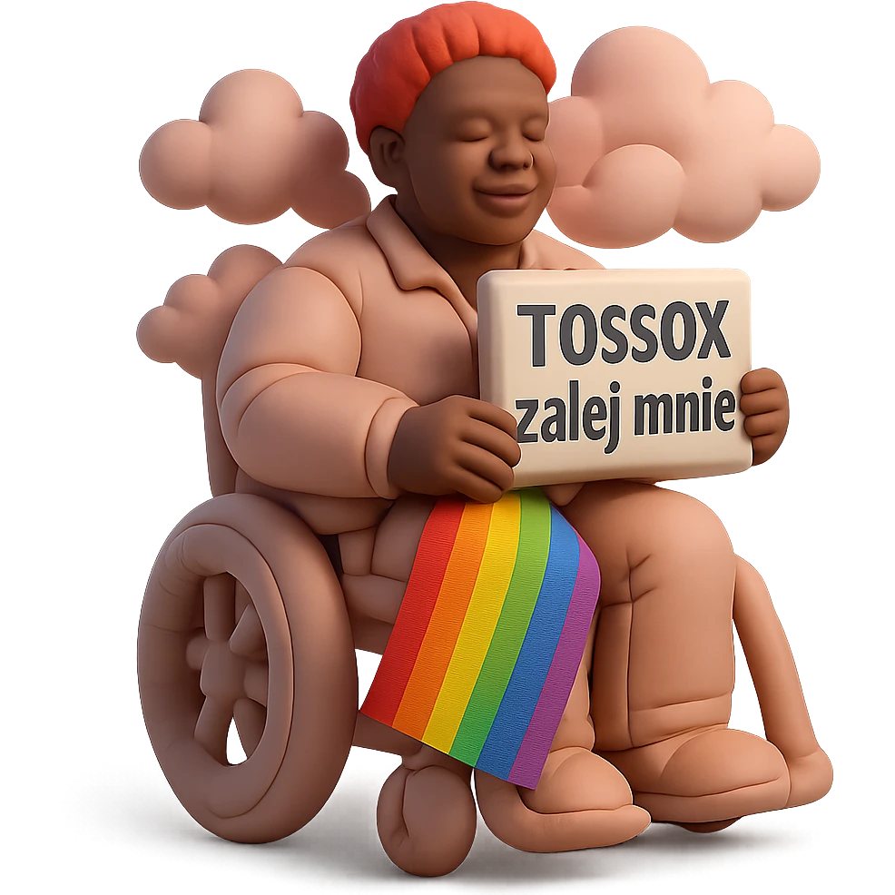 Cinematic shot advertising, Black man with red hair sitting on wheelchair holding lgbt flag holding text "T0ssox zalej mnie" pink clouds around, pink sky with pink back light emoji