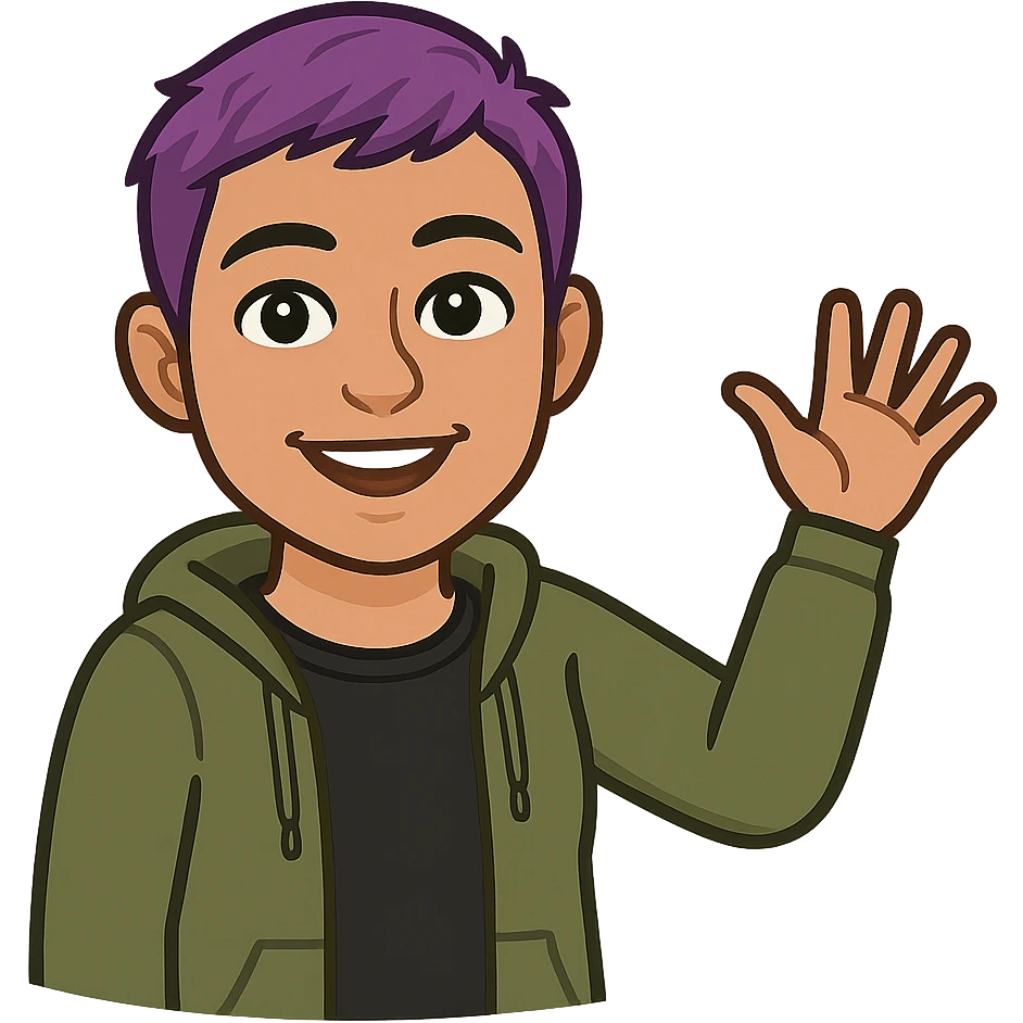 bitmoji style non-binary person with short purple hair, waving their hand, friendly expression emoji