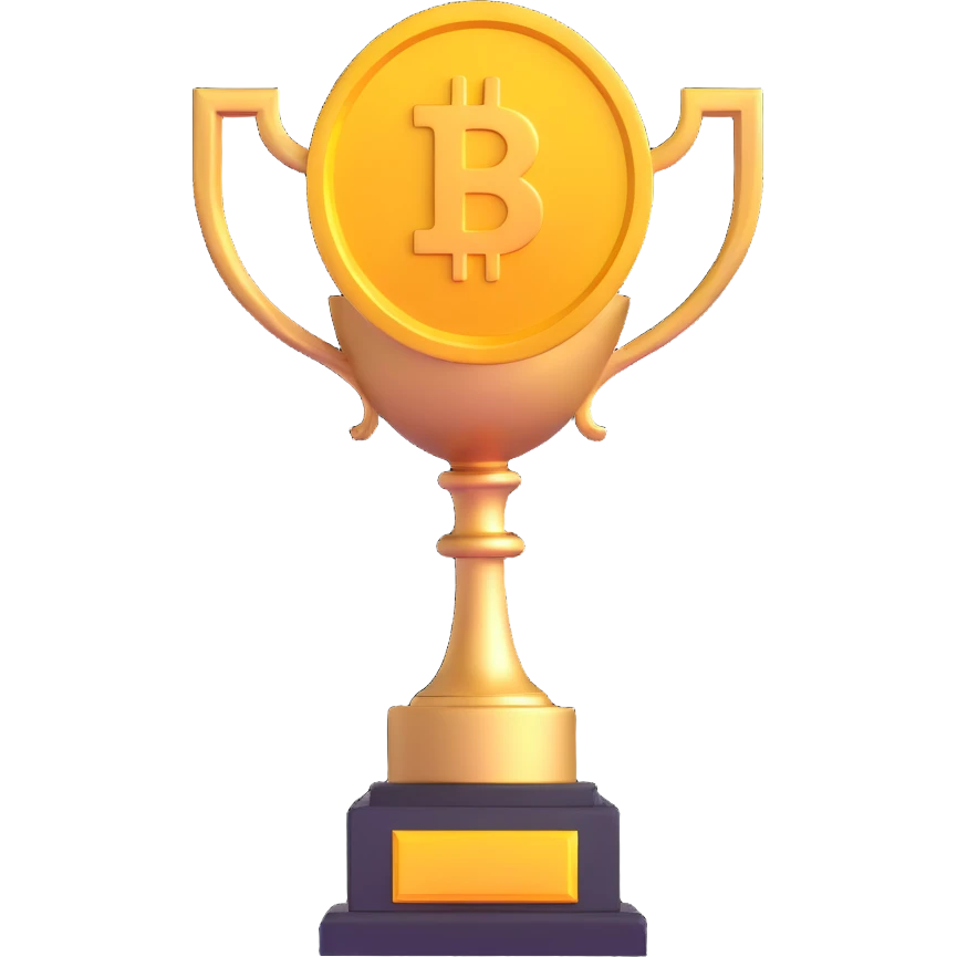 trophy with a crypto coin emblem, symbolizing success in crypto trading, 3D emoji style emoji