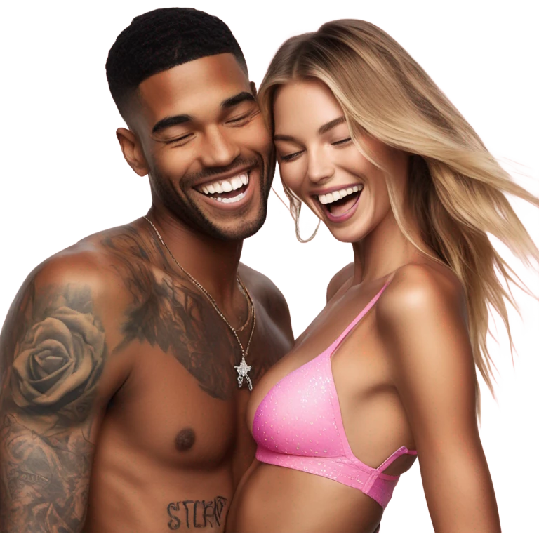 Photo of Victoria secret model laughing with a tattooed male model  emoji