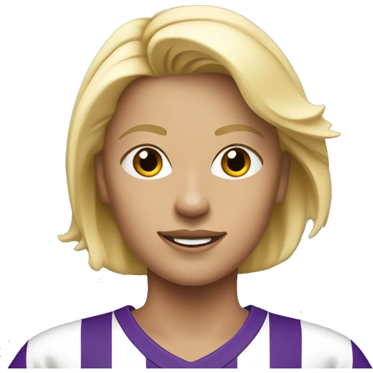a blonde woman in white soccer jersey with purple pinstripes emoji