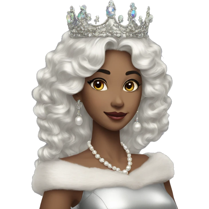Regal pretty lady crown vintage with long iridescent black and silver hair wavy black hair pearl crown iridescent emoji