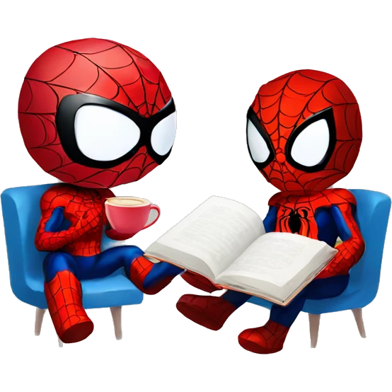 hello kitty and spiderman reading books together with coffee emoji