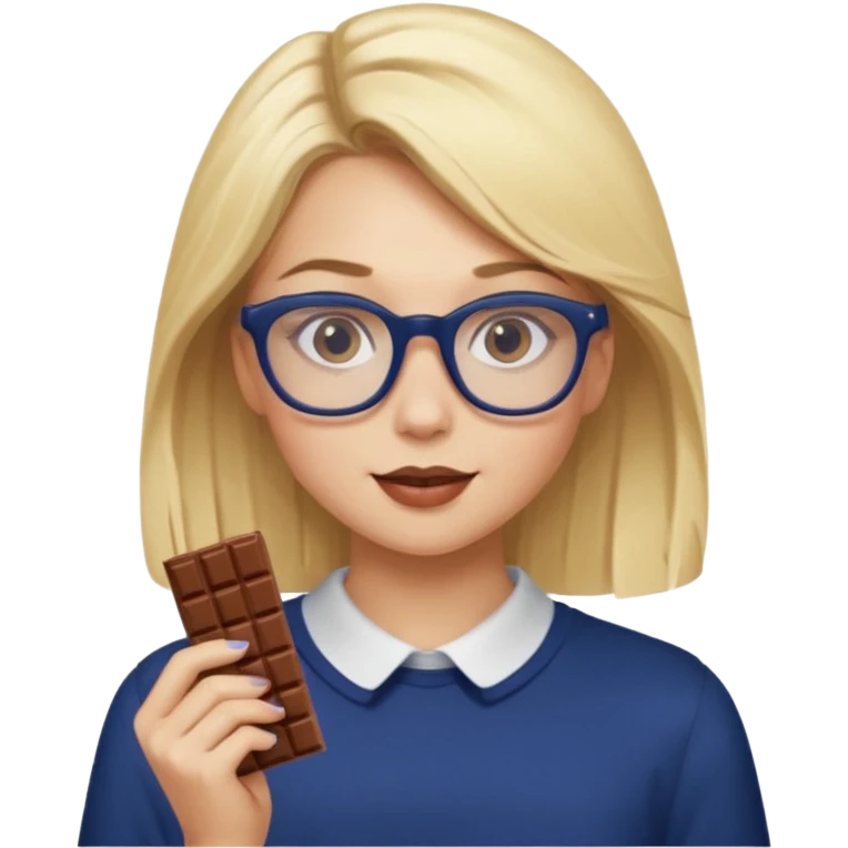 Blonde long haired girl with navy blue framed glasses eating chocolate with blonde eyebrows emoji