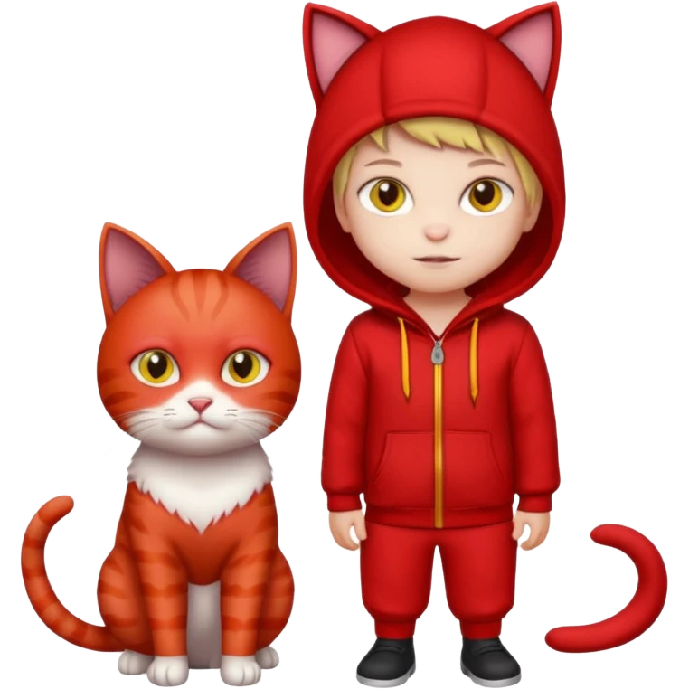 There is a kid wearing all red. Next to him there is a cat that has a red cat outfit and the cat has yellow eyes emoji