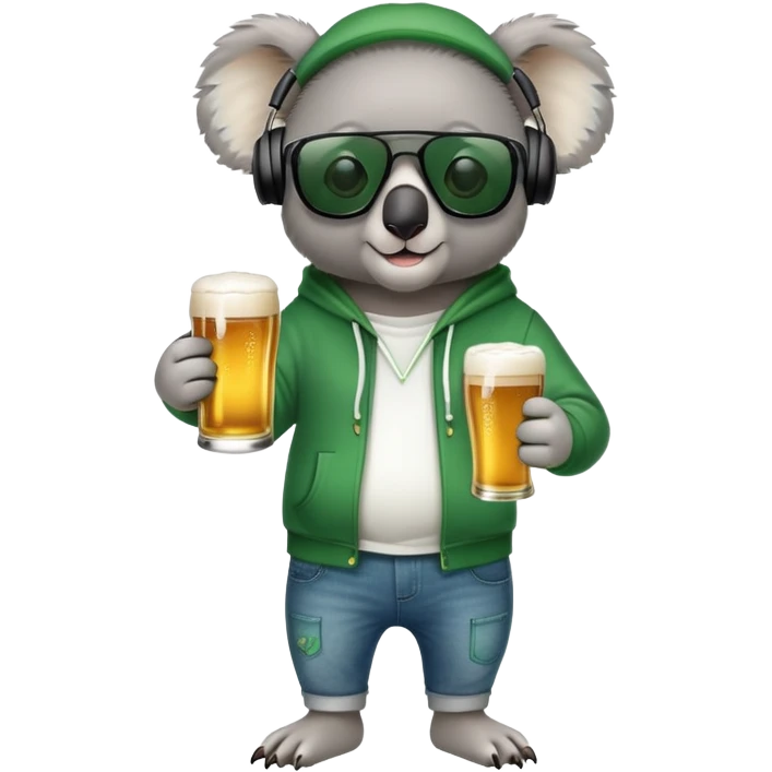 anthropomorphised koala, full body, wearing a hoodie and jeans, dark sunglasses, headphones, dressed for St. Patrick's Day emoji