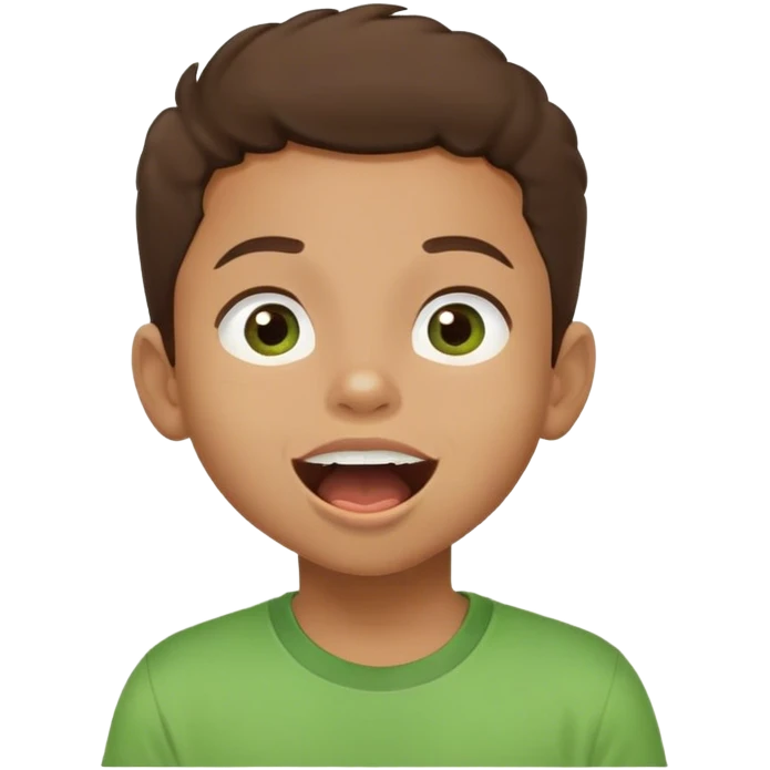 mulato kid with big eyes, brown hair, green t-shirt, mouth open, smiling, looking up emoji
