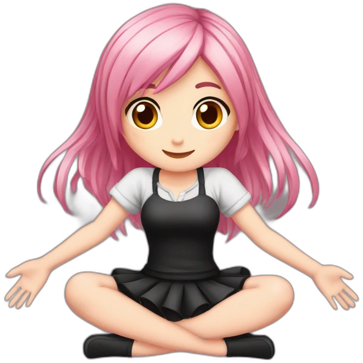 Full body Front view curvy emo girl pink hair sits on the floor straight view hands up black skirt полосатые рваные чулки emoji