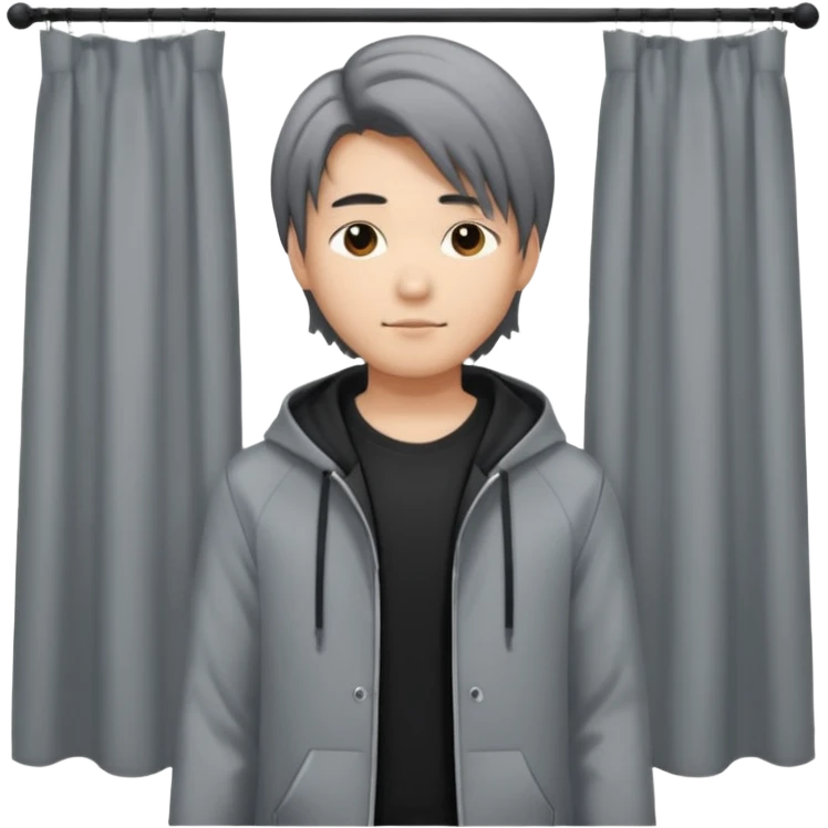 asian young man with long curtains style hair in grey jacket and black t-shirt emoji