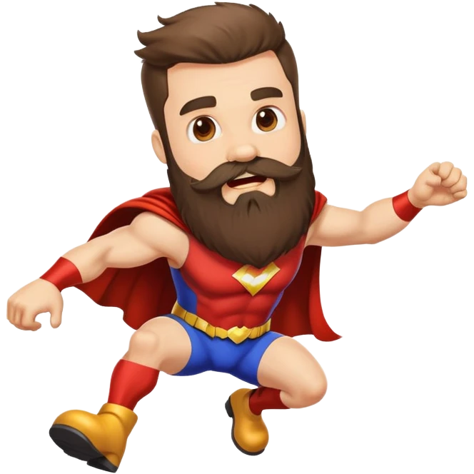 funny superhero with oversized beard tripping on his beard, clumsy superhero emoji