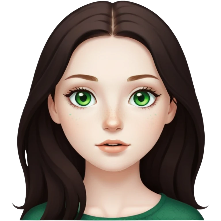 pretty girl with pale skin, freckles, green eyes, long lashes, dark brown long hair emoji