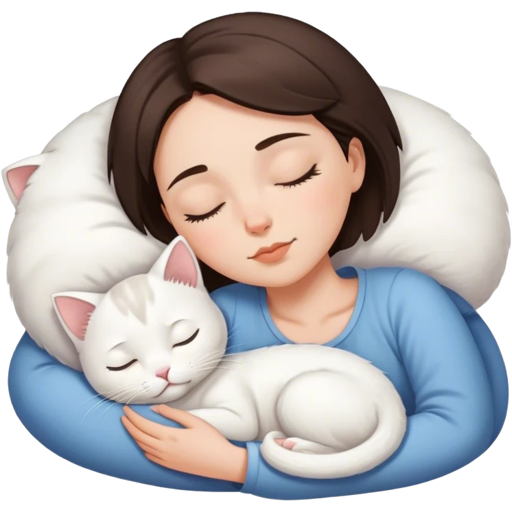 White kitty sleeping on brunette white girl short hair  emoji