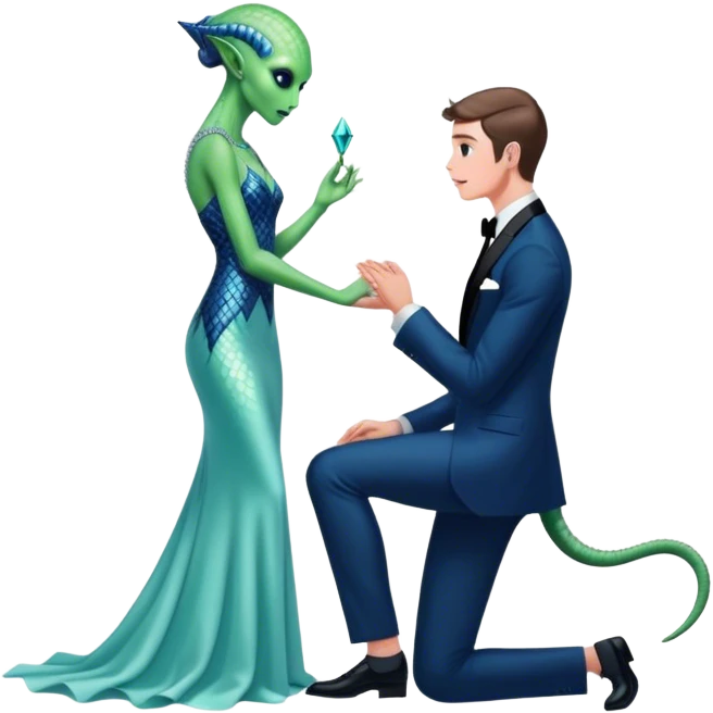 alien reptilian green skin woman, in long slim pastel blue formal party satin dress with gradient shiny sparkling navy blue diamonds embroidered , and caucasian man in black dres on his knees asks her to marry her emoji