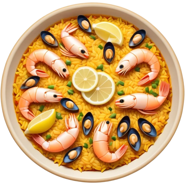 cinematic-realistic-paella-dish-emoji,-depicted-as-a-vibrant,-aromatic-rice-dish-loaded-with-seafood,-chicken,-and-saffron-rendered-with-rich-textures-and-dynamic,-warm-lighting with a lemon slice in the middle emoji
