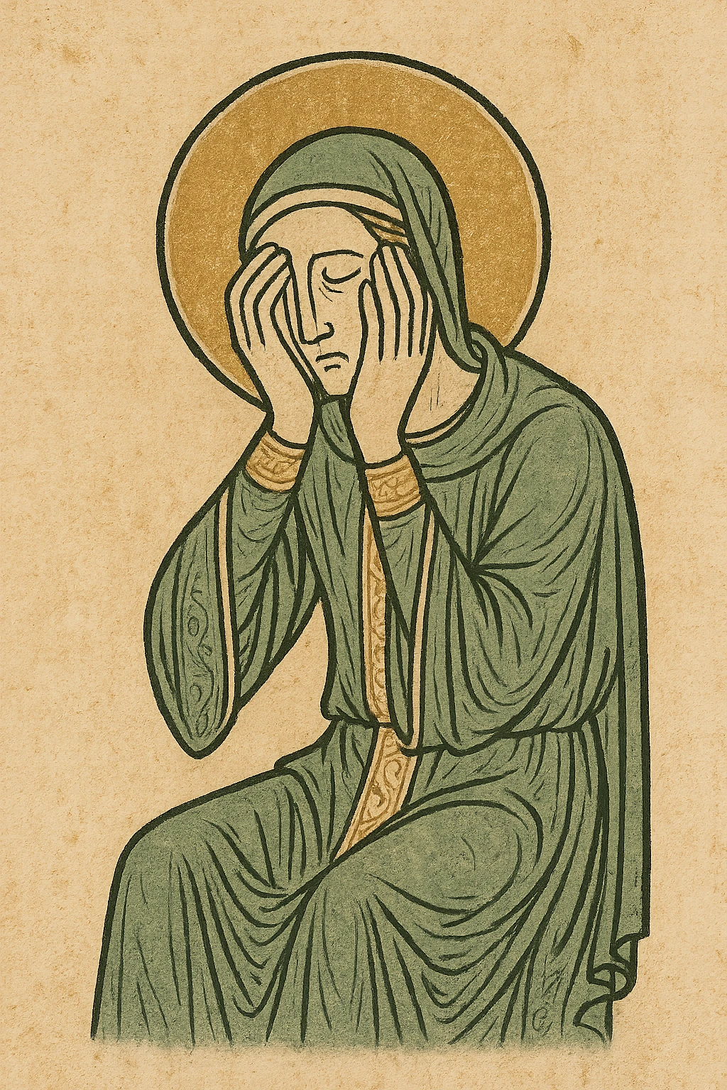 teacher with head in hands, burnt out, classic look, green gold and white color scheme, elegant lines, decorative details emoji