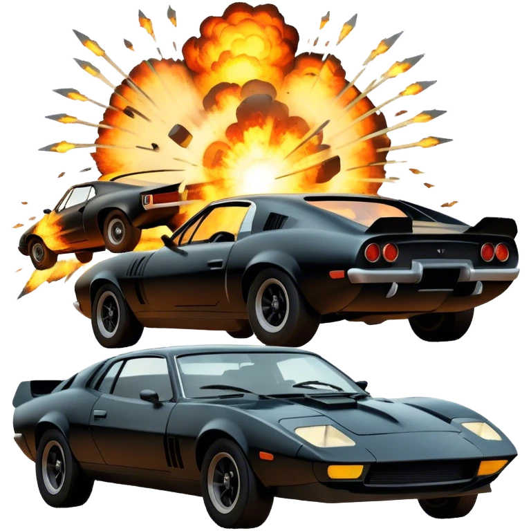 Photorealistic Icon for Action Movies: Dynamic collage of iconic action movie scenes featuring explosions, fast cars, combat, and weapons. Include silhouettes of famous action heroes, dramatic lighting, and a sense of high-octane energy. Transparent background. emoji