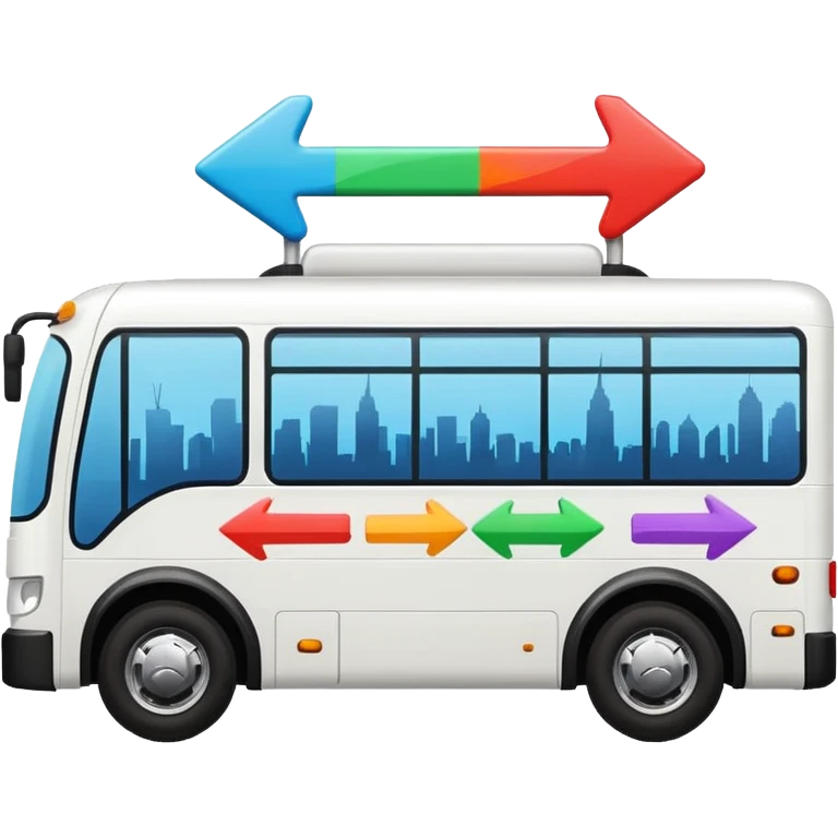 modern side-view bus with three colorful arrows pointing to city icons, Apple emoji style emoji