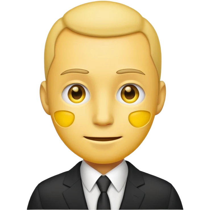 A guy in a suit, except his head is a yellow emoticon emoji