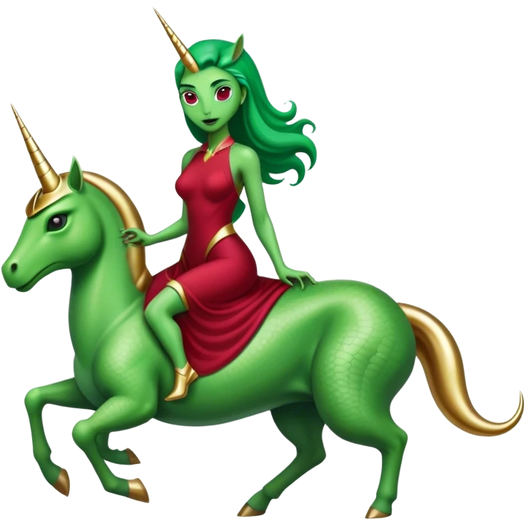 "reptilian green alien woman" in "long slim dark red dress", rides, "unicorn gold and white"
 emoji