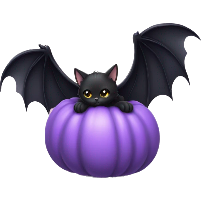 Cute black cat with bat wings sitting on a pumpkin holding a pastel Purple Heart emoji