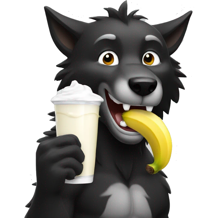 Big black wolf are showing bicep, smiling and eating banana yogurt emoji