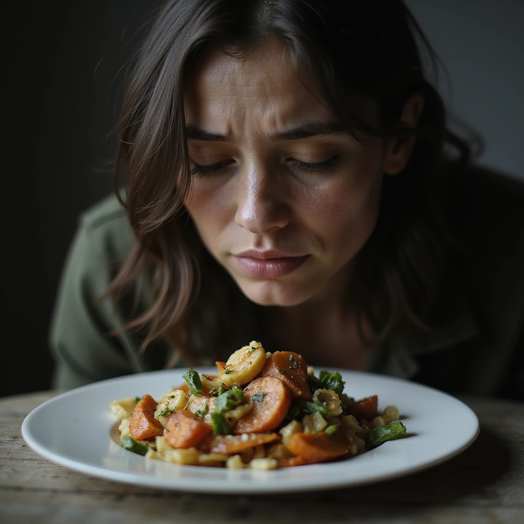 donna triste che mangia insalata, espressione triste, iperrealismo 4K, variazione 8 emoji