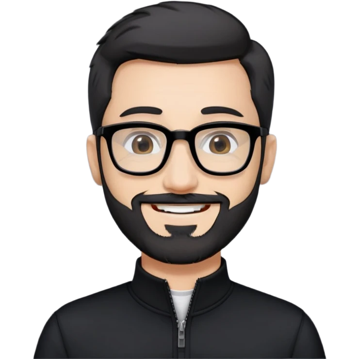 Fair-skinned man with short black hair styled upward, short graying beard, large black-framed glasses, smiling, wearing black long sleeve shirt with zip at neck emoji
